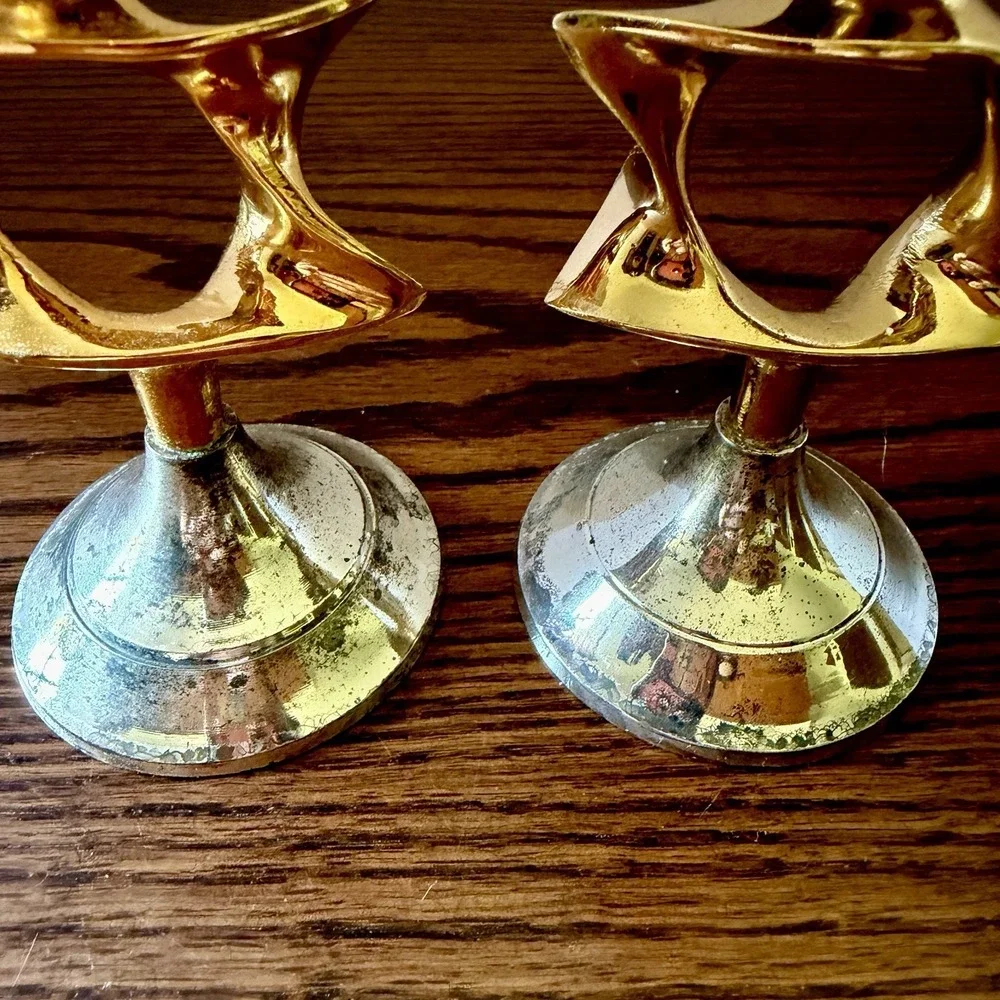 Vintage Karshi Hanukkah Candlesticks Shabbat David Star 24K Gold Plated Set Of 2